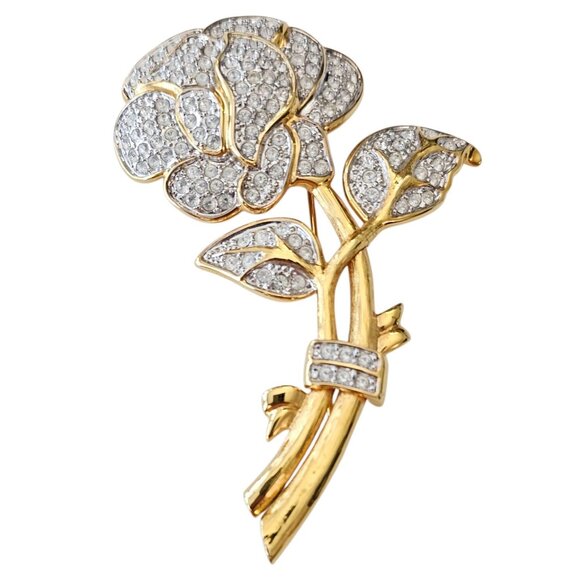 Nolan Miller Stemmed Rose Brooch, Gold Tone Clear Pave Pin Signed, J40 - Picture 8 of 8